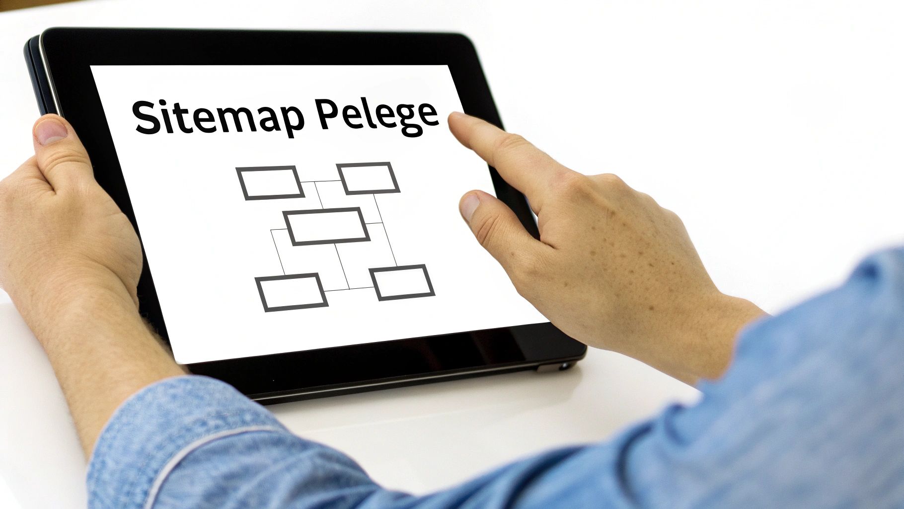 Eine Person tippt auf ein Tablet, das eine Sitemap-Pflege-Darstellung und ein Flussdiagramm zeigt.