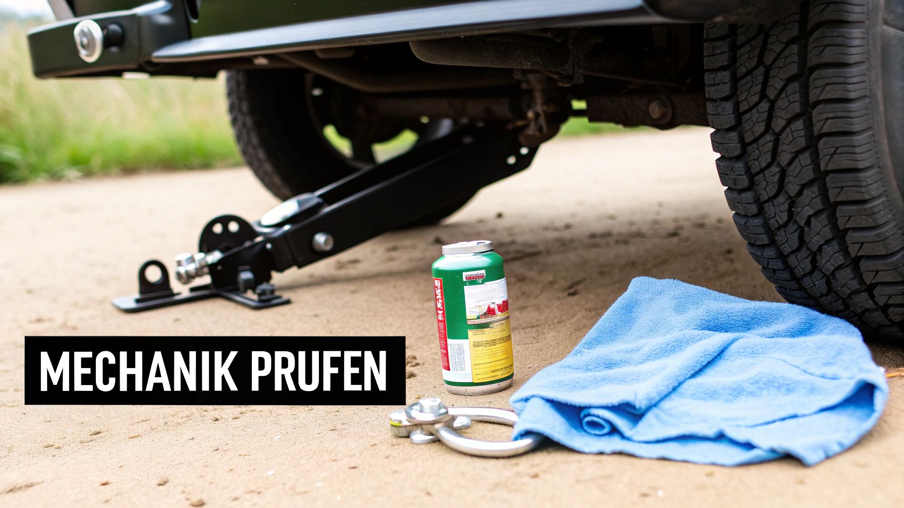 Ein Auto wird mit einem Wagenheber angehoben, daneben liegen Werkzeug, eine Dose und ein Tuch auf dem Boden. Der Text 'MECHANIK PRÜFEN' ist eingeblendet.