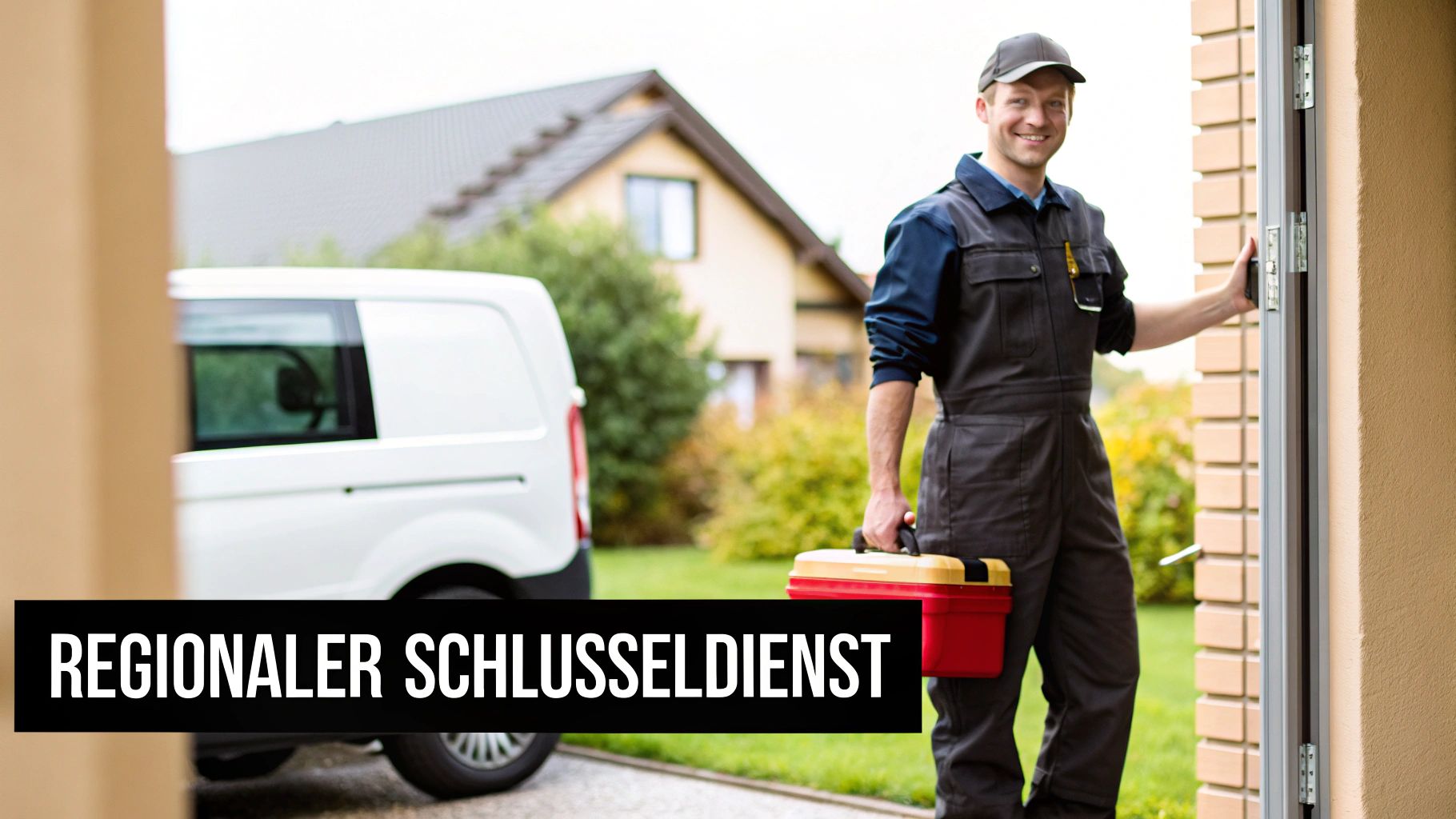 Lachender Schlüsseldienstmitarbeiter im Overall hält einen Werkzeugkasten und öffnet eine Haustür, mit einem weißen Transporter im Hintergrund.