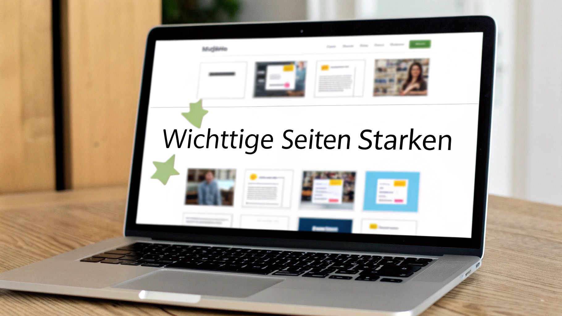 Un computer portatile visualizza un sito web intitolato "Rafforzamento delle pagine importanti" con vari layout.