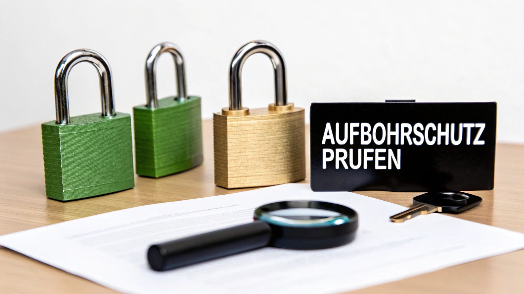 Drei Vorhängeschloss, ein Schild mit "AUFBOHRSCHUTZ PRÜFEN", eine Lupe und ein Schlüssel auf einem Tisch.