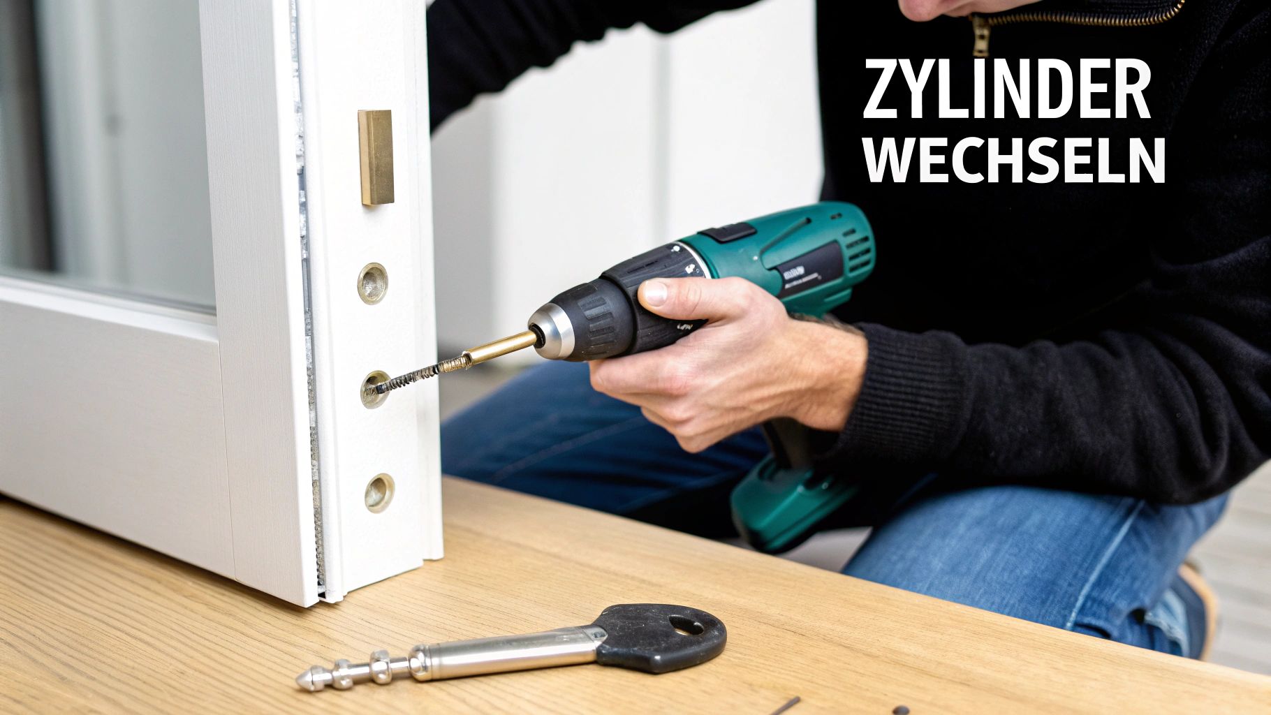 Nahaufnahme eines Mannes, der einen Schließzylinder aus einer weißen Tür mit einem Akkuschrauber entfernt.