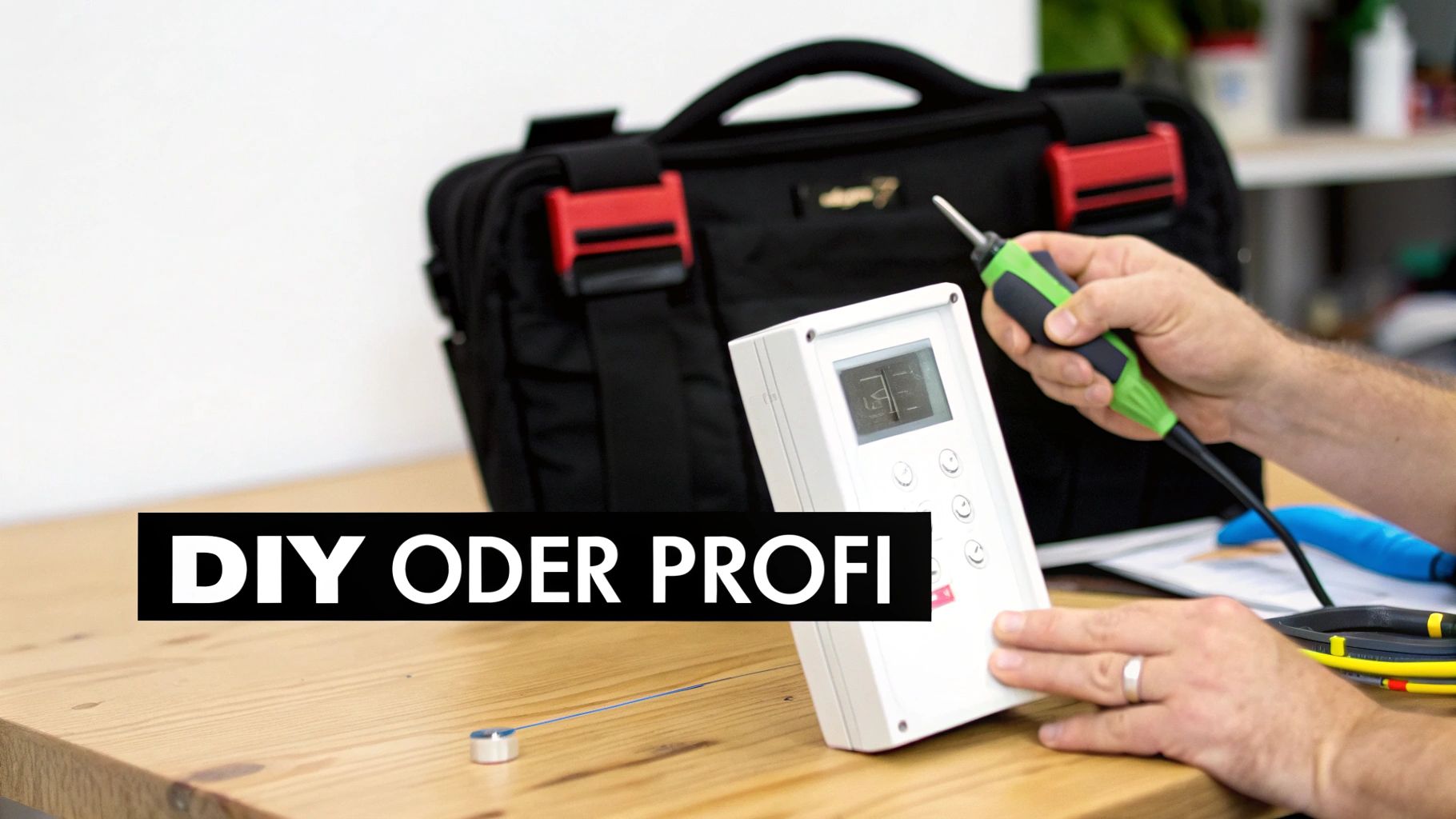 Eine Person repariert mit einem Werkzeug ein elektronisches Gerät auf einem Holztisch, im Hintergrund eine schwarze Tasche und die Aufschrift 'DIY ODER PROFI'.