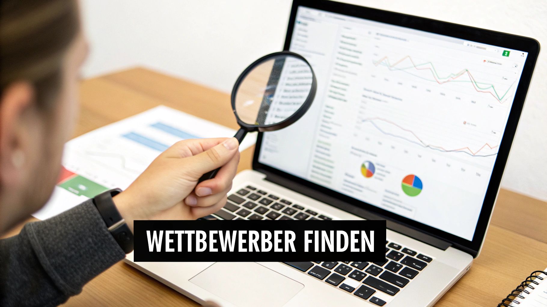 A person uses a magnifying glass to analyze data on a laptop and identify competitors.