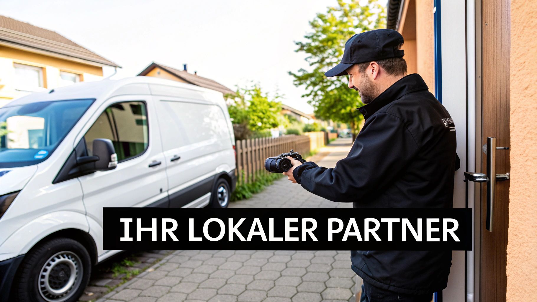 Ein Mann in schwarzer Jacke und Mütze hält ein Gerät vor einer Haustür, ein weißer Lieferwagen steht daneben, daneben der Text "IHR LOKALER PARTNER".