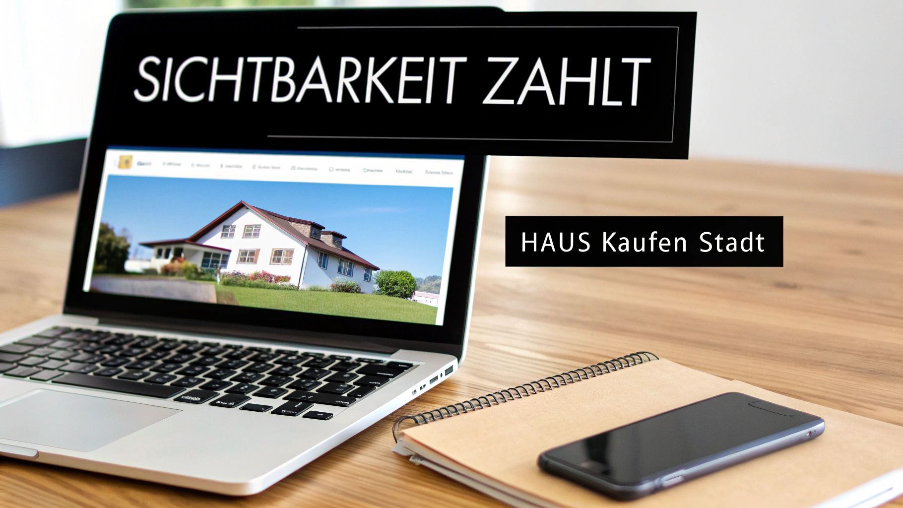 Laptop zeigt Immobilien-Website mit Haus, Notizbuch und Smartphone auf Schreibtisch für Online-Immobilienmarketing