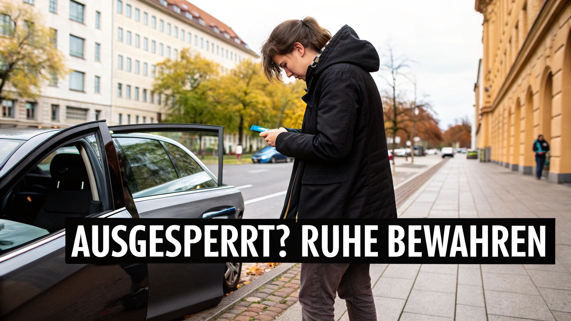 Eine junge Person steht vor einem geöffneten Auto, schaut auf ihr Smartphone. Der Text fragt: 'AUSGESPERRT? RUHE BEWAHREN'.