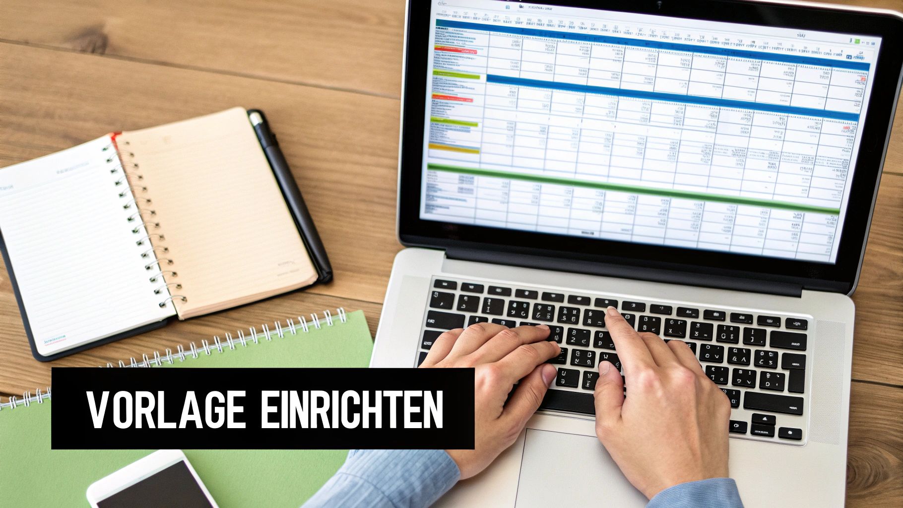 Eine Person, die an einem Laptop mit einer Tabellenkalkulation arbeitet, die einen Redaktionsplan darstellt, umgeben von Notizen und Kaffee.