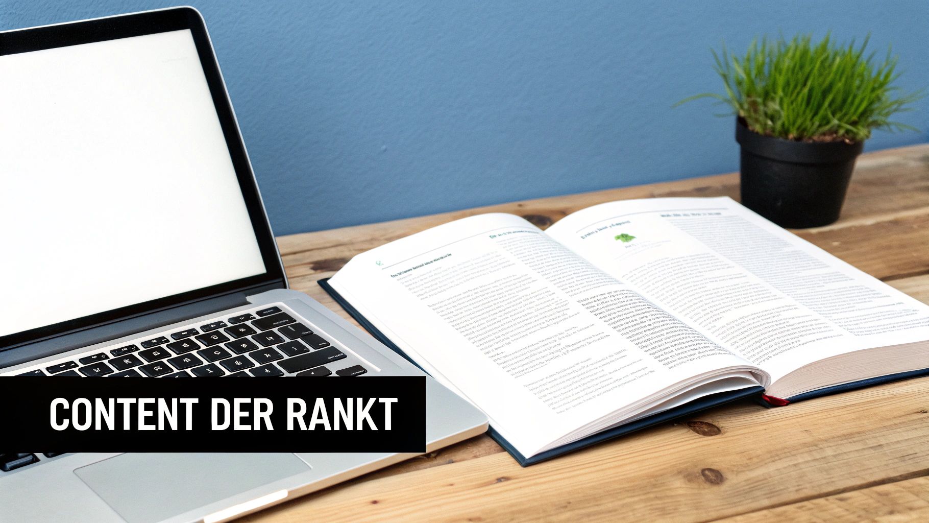 Arbeitsplatz mit Laptop, offenem Buch und Pflanze auf Holztisch. Symbolisiert effektive Content-Erstellung, die rankt.
