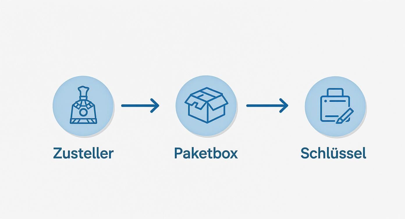 Prozessdarstellung: Zusteller liefert Paket in eine Paketbox, gefolgt vom Schlüssel oder Zugang zum Paket.