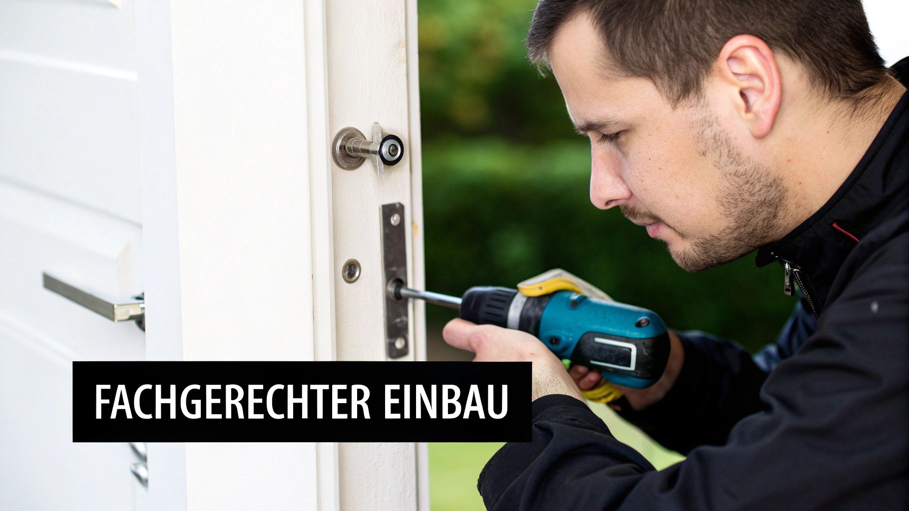 Ein Fachmann installiert sorgfältig einen Schließzylinder in einer Haustür.