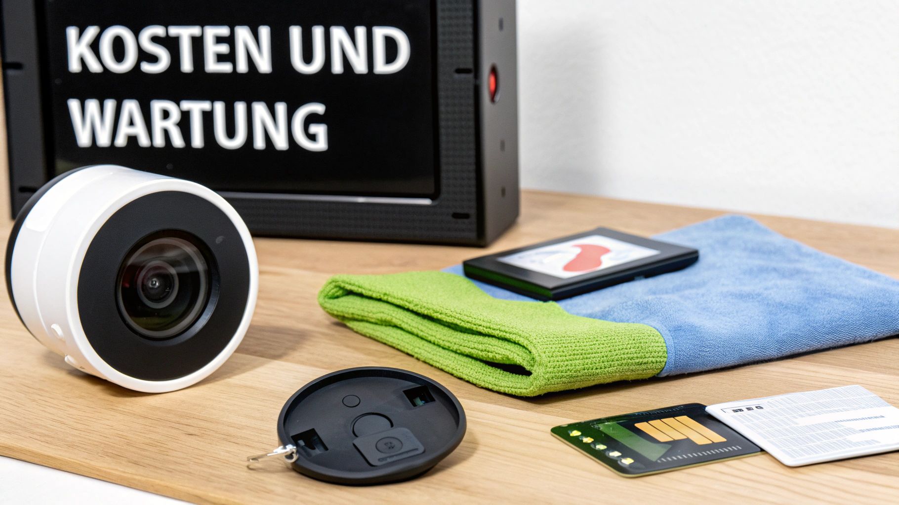 Eine Überwachungskamera, ein Schild mit 'KOSTEN UND WARTUNG', Mikrofasertücher und diverse Karten auf einem Holztisch.