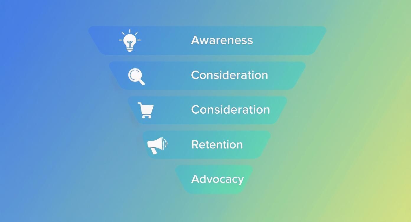 Trichterdiagramm zeigt fünf Customer Journey Phasen: Awareness, Consideration, Retention und Advocacy mit passenden Icons