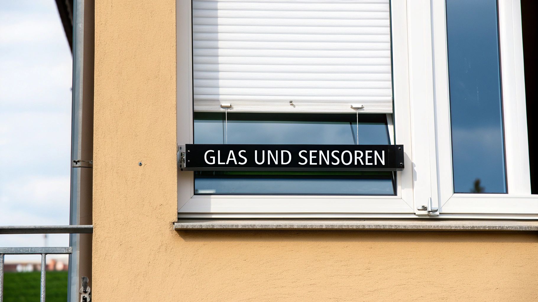 Modernes Fenster mit Rolladen und Sensoren für Einbruchschutz an gelber Hausfassade