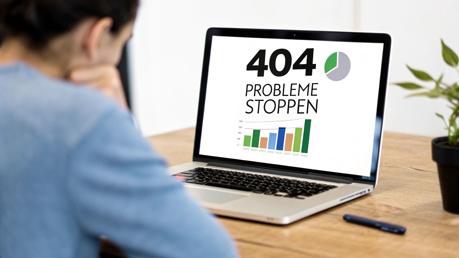 Eine Person betrachtet einen Laptop-Bildschirm mit der Meldung "404 PROBLEME STOPPEN" und Diagrammen, die Problemlösung symbolisieren.