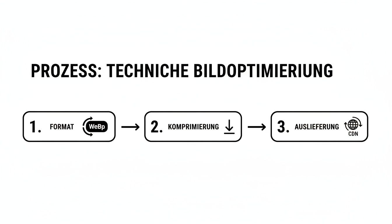 Prozessdiagramm zur technischen Bildoptimierung: Formatumwandlung zu WebP, Komprimierung und Auslieferung per CDN.