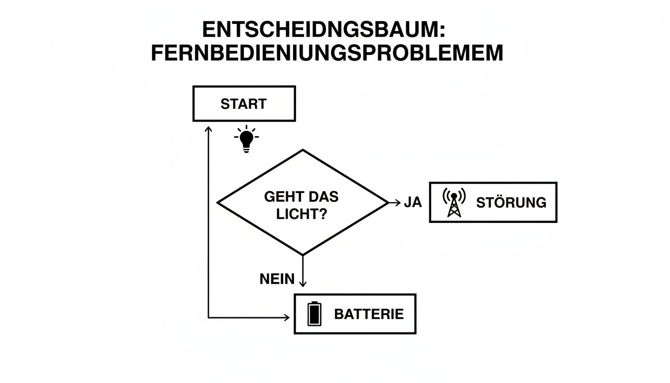 Flussdiagramm zur Fehlerbehebung einer Fernbedienung: Start, Licht prüfen, dann Störung oder Batterie überprüfen.