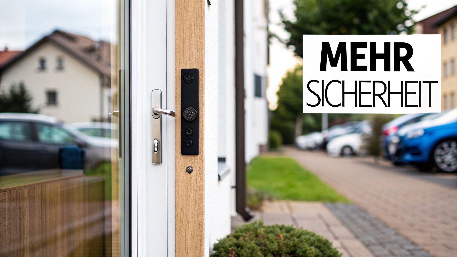 Moderne Haustür mit Griff und schwarzem Codeschloss, das für mehr Sicherheit sorgt.