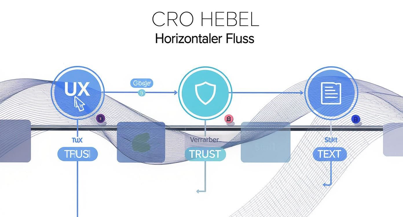 Graphical representation of the CRO lever model: UX, security and text in a horizontal flowchart.