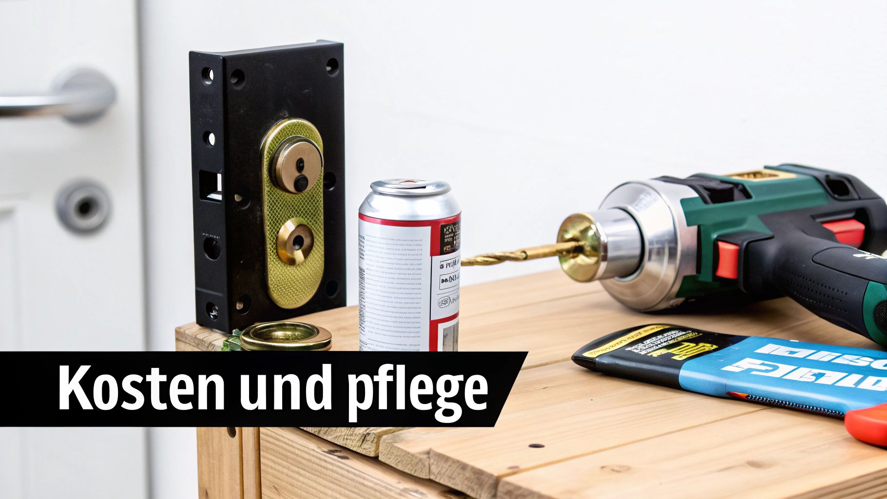 Türschloss-Reparatur mit Werkzeugen: Schlosszylinder, Bohrmaschine und Pflegespray auf Holztisch – Kosten und Pflege