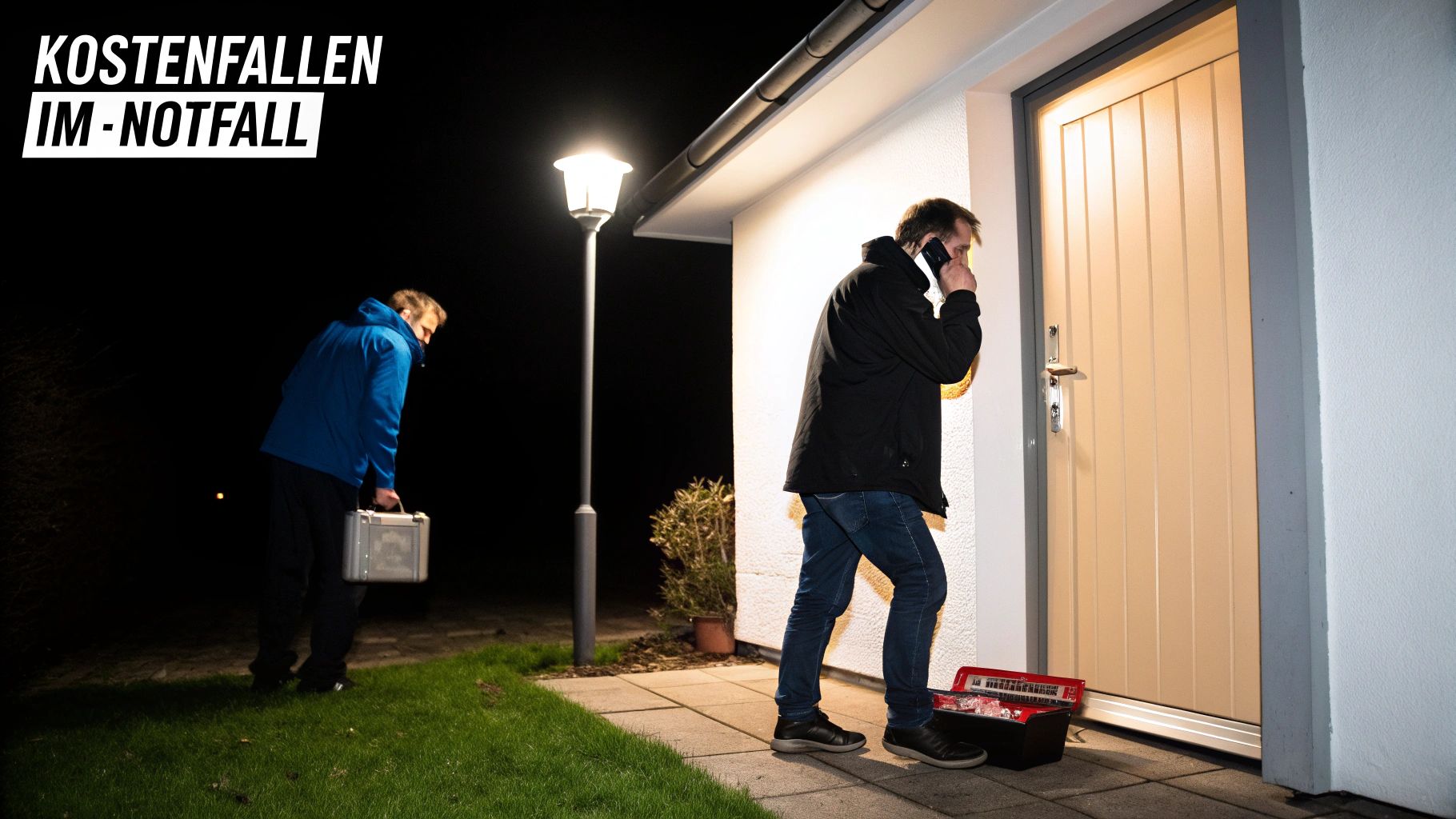 Männer bei Nacht vor Haus. Einer telefoniert am Türschloss, der andere trägt Koffer. Warnung vor Kostenfallen im Notfall.