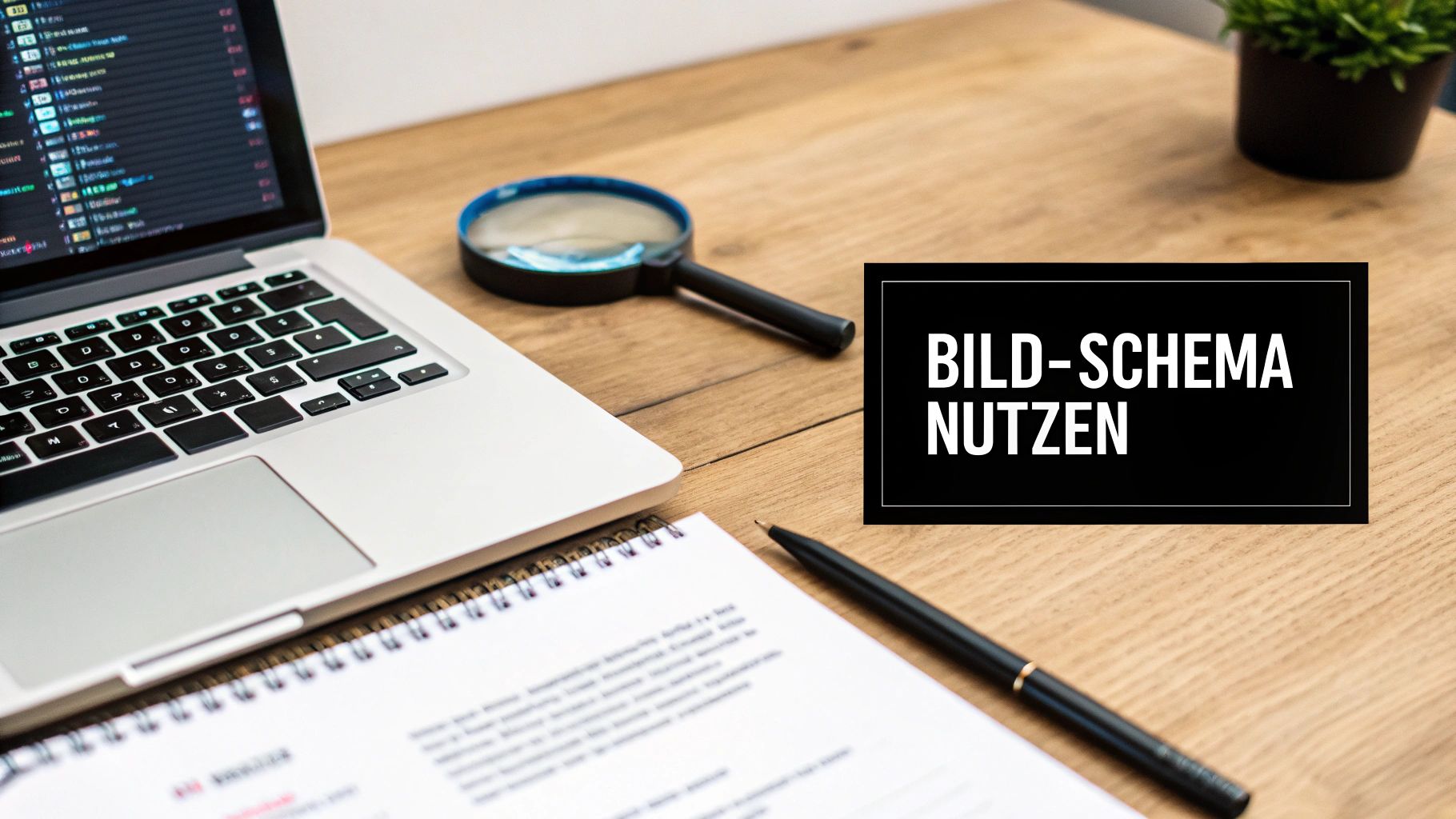 Laptop, Lupe, Notizbuch und Stift auf Holztisch. Textoverlay: BILD-SCHEMA NUTZEN.