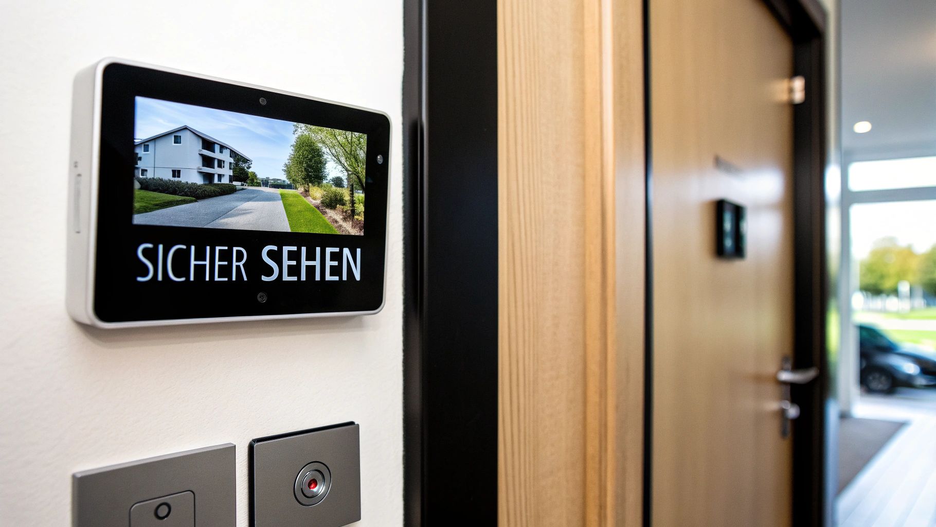 Moderner digitaler Türspion mit Bildschirm zeigt Außenansicht und Text SICHER SEHEN an weißer Wand montiert