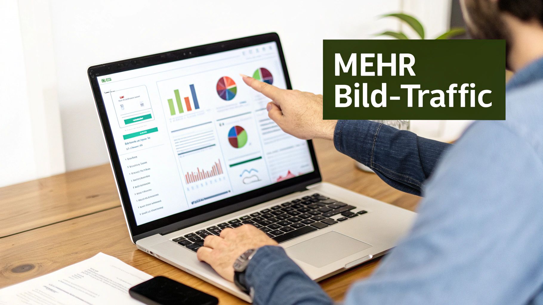 Eine Person arbeitet am Laptop, zeigt auf Diagramme und analysiert Daten für mehr Bild-Traffic.