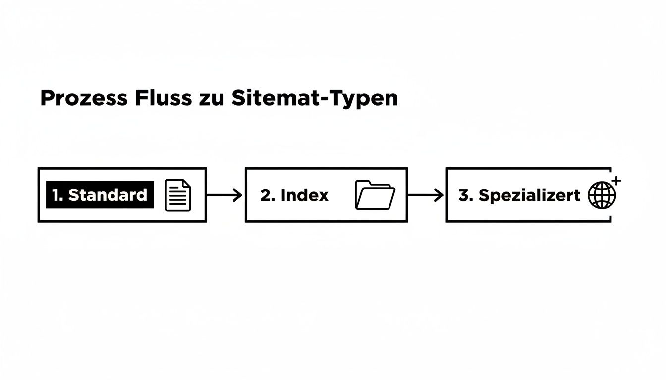 Flussdiagramm zeigt den Prozess von Standard-, Index- und spezialisierten Sitemap-Typen.