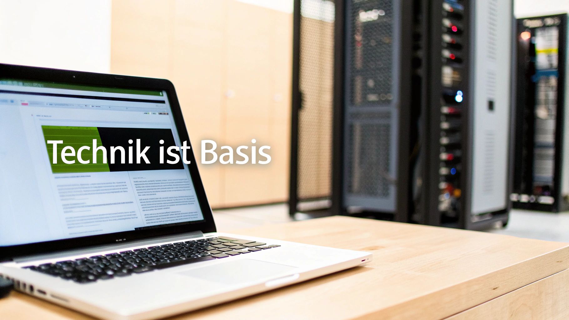 Laptop on a wooden table with the text "Technology is basic" and server racks in the background.