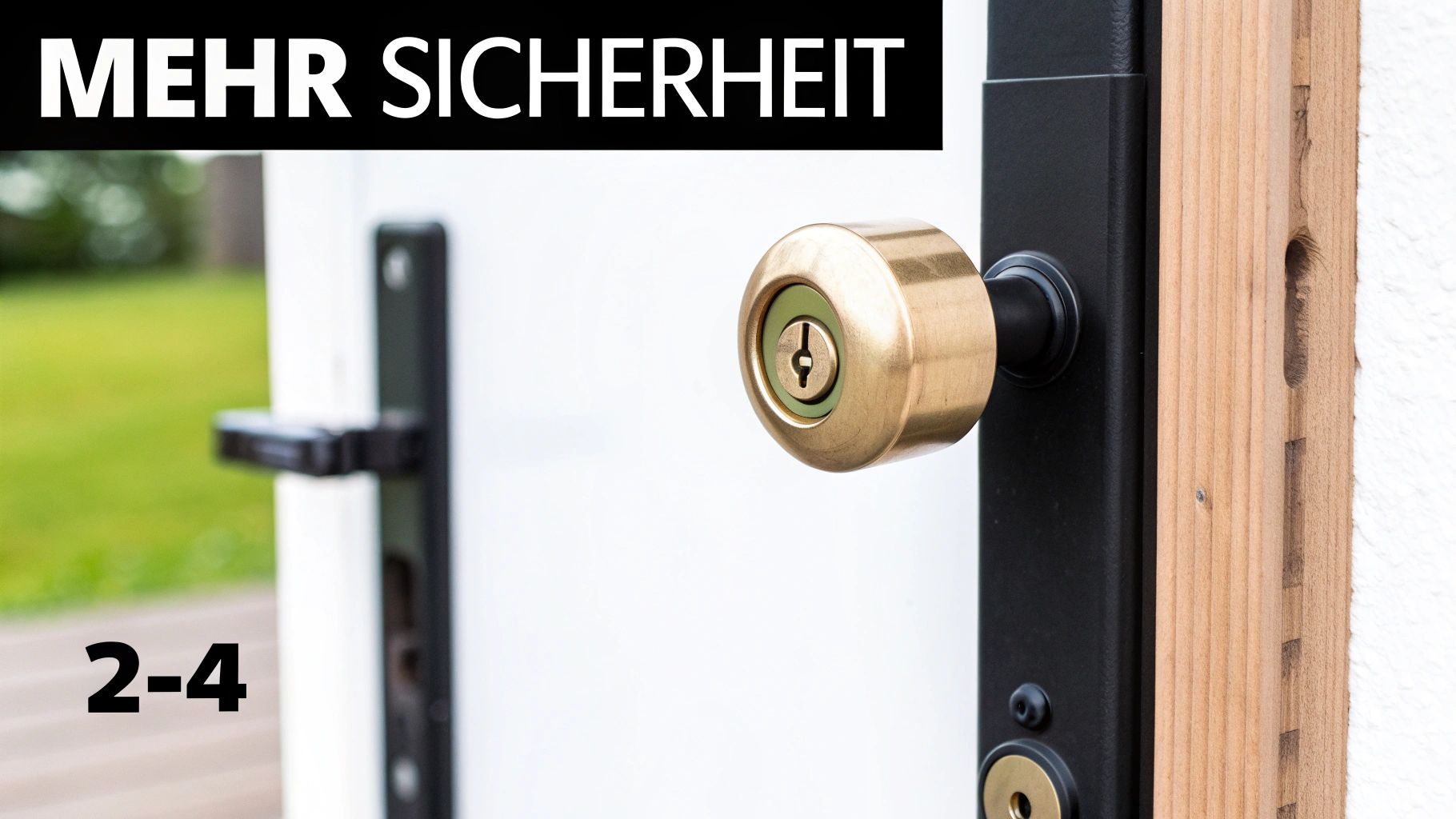 Nahaufnahme eines goldenen Türschlosses an einer weißen Tür mit schwarzem Rahmen. Text: Mehr Sicherheit.