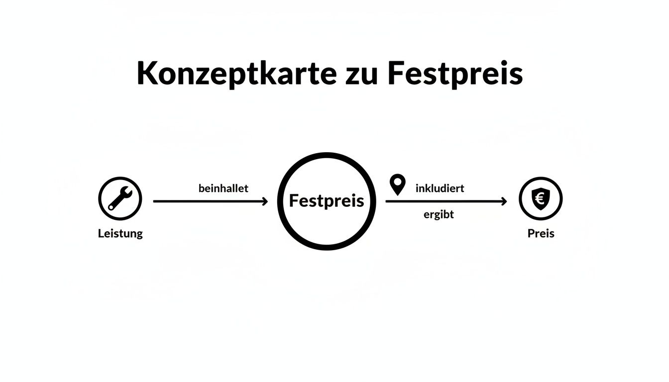 Konzeptkarte zeigt, wie eine Leistung einen Festpreis beinhaltet, der den finalen Preis ergibt.