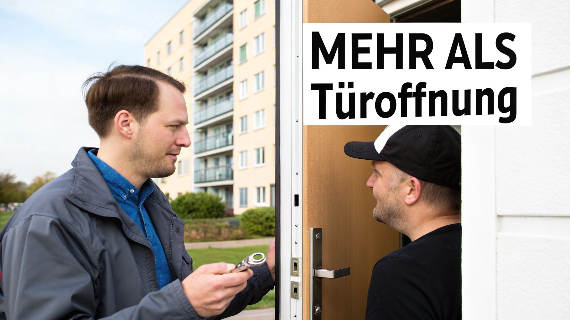 Mann hält Schlüssel und spricht mit einem Schlüsseldienst-Mitarbeiter vor einer geöffneten Tür. Wohngebäude im Hintergrund.