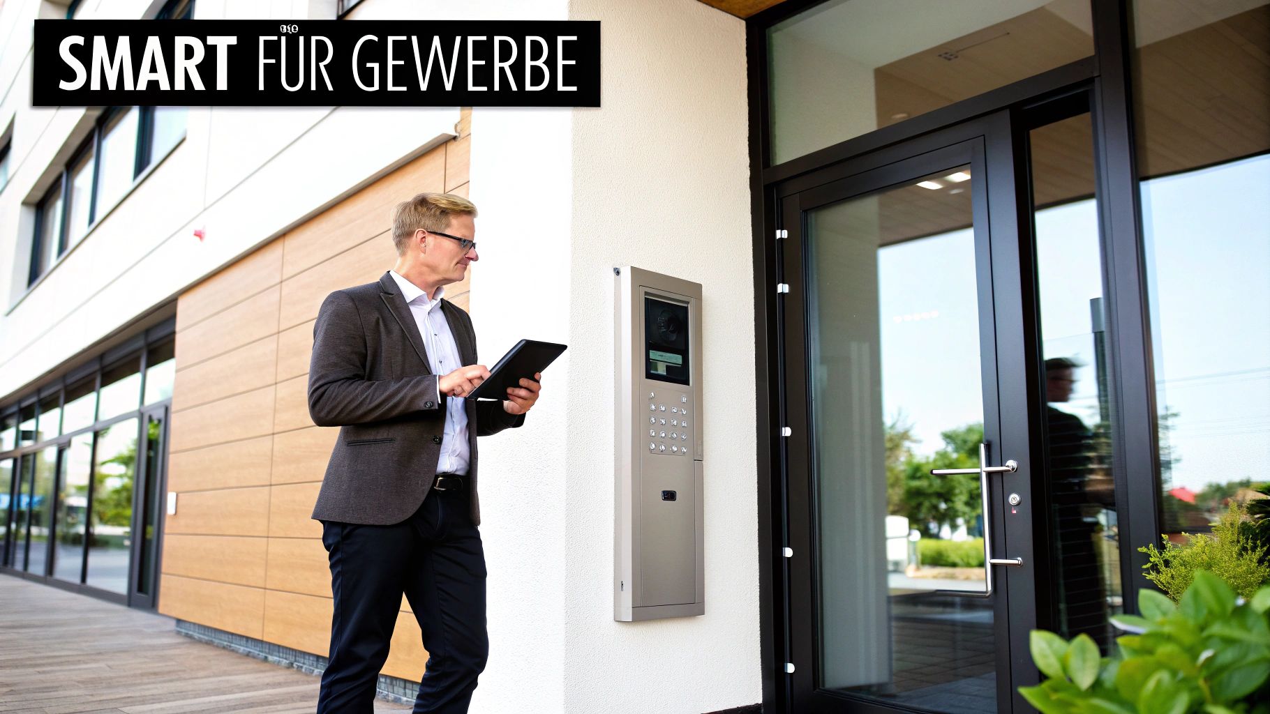 Ein Mann mit Tablet bedient ein modernes Codeschloss an einem Gebäude.