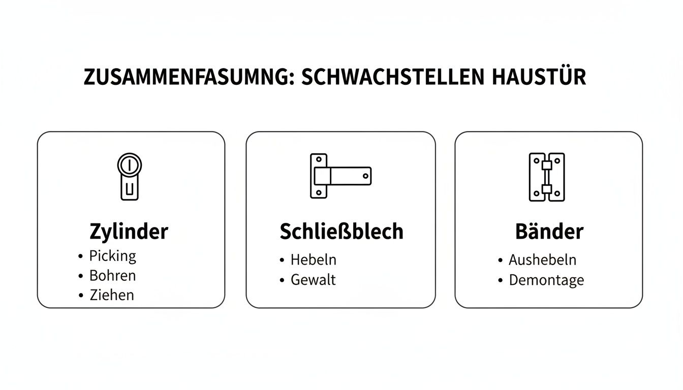 Übersicht der Schwachstellen einer Haustür: Zylinder, Schließblech und Bänder mit typischen Einbruchsmethoden.