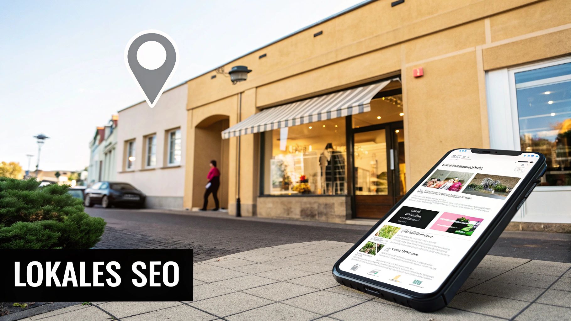 Pametni telefon prikazuje rezultate iskanja pred trgovino z lokacijsko oznako in besedilom 'LOKALNO SEO'.