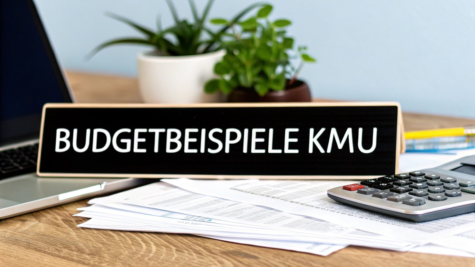 Una scrivania con un computer portatile, documenti, una calcolatrice e un cartello con la scritta "ESEMPI DI BUDGET PER LE PMI".