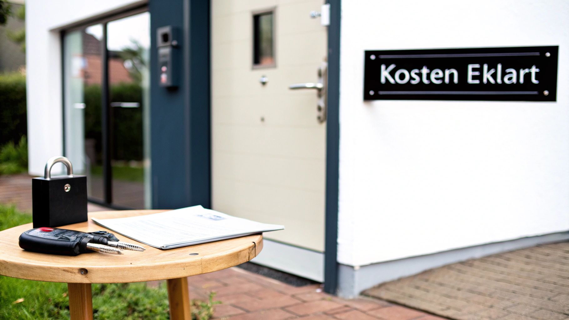 Ein Schlüsseldienst-Monteur bei der Arbeit an einem Türschloss, was die verschiedenen Kostenkomponenten wie Material und Arbeit veranschaulicht.