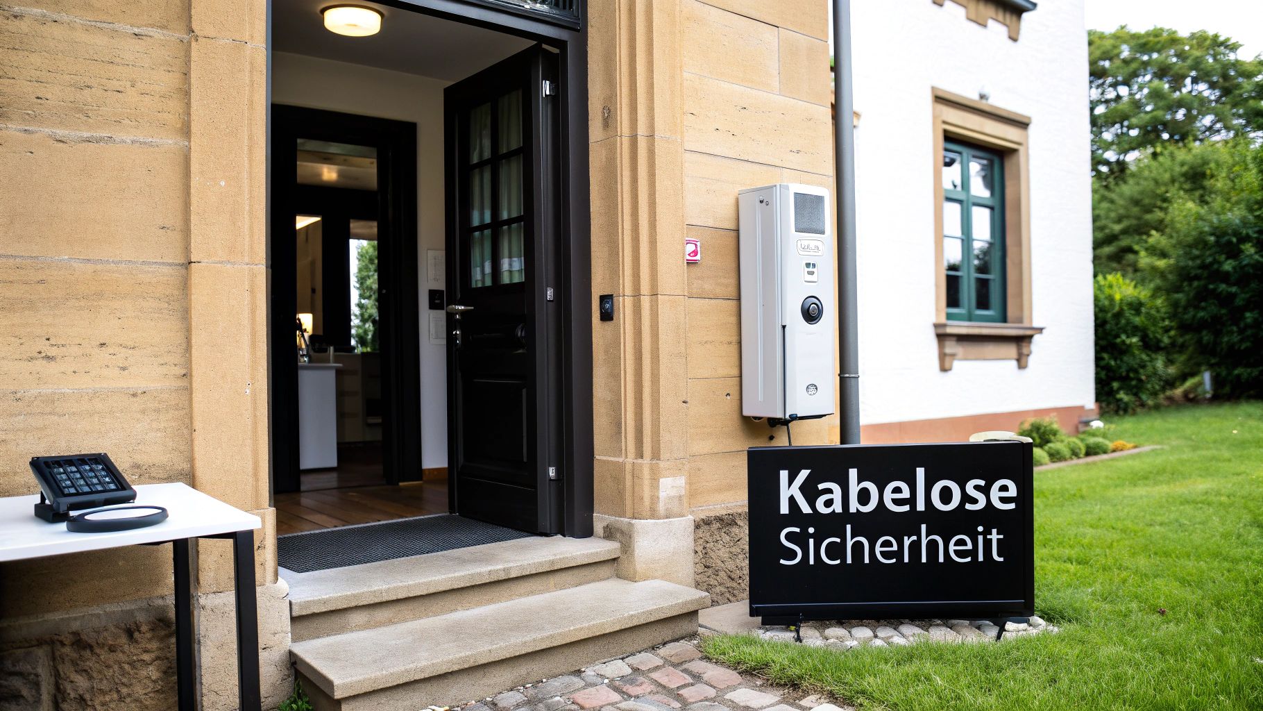 Moderne Video-Türsprechanlage mit Funk an beiger Hausfassade neben Eingangstür und Firmenschild Kabellose Sicherheit