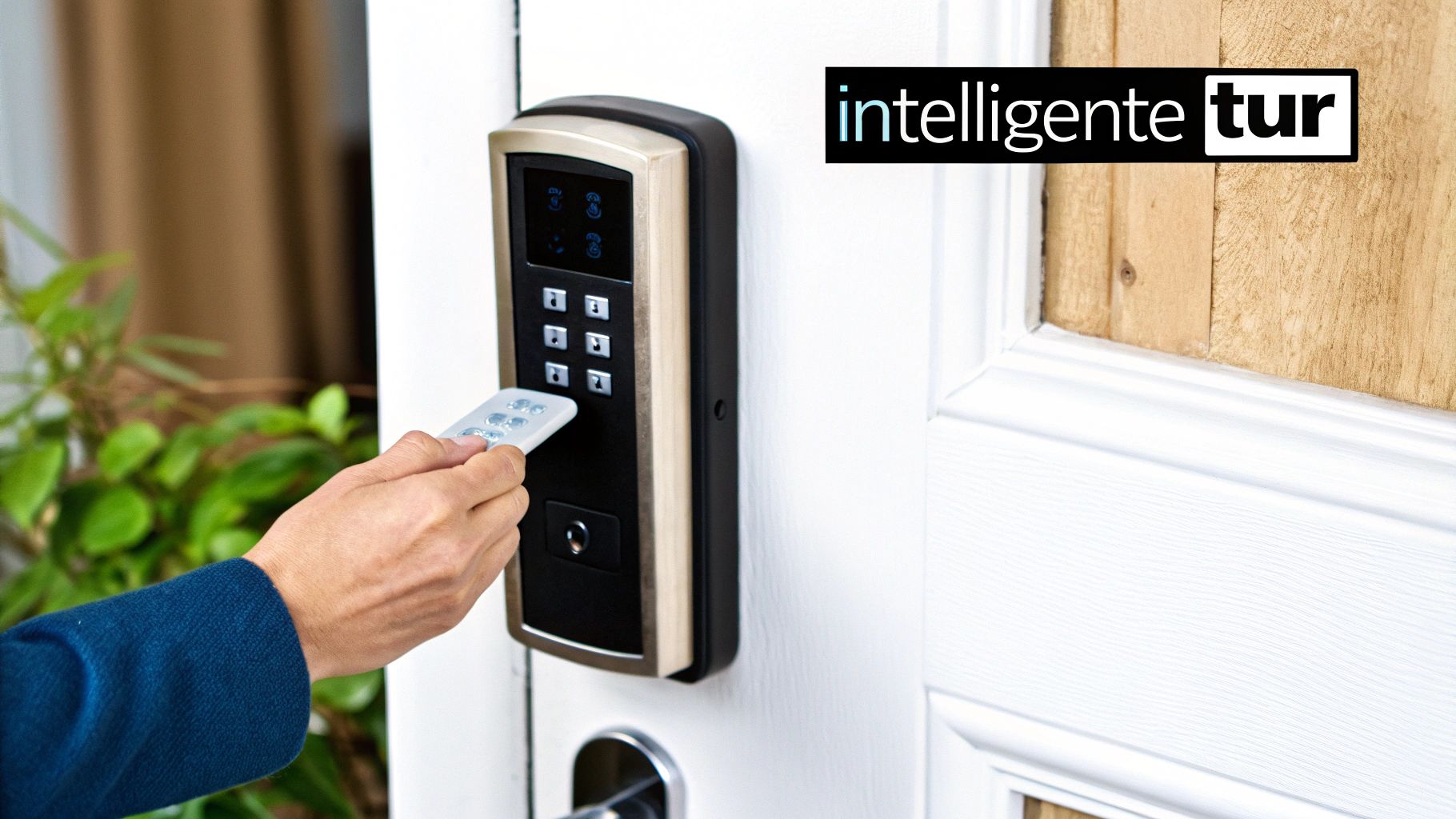 Hand bedient smartes Türschloss mit Fernbedienung an weißer Tür, daneben 'intelligente tur' Logo.