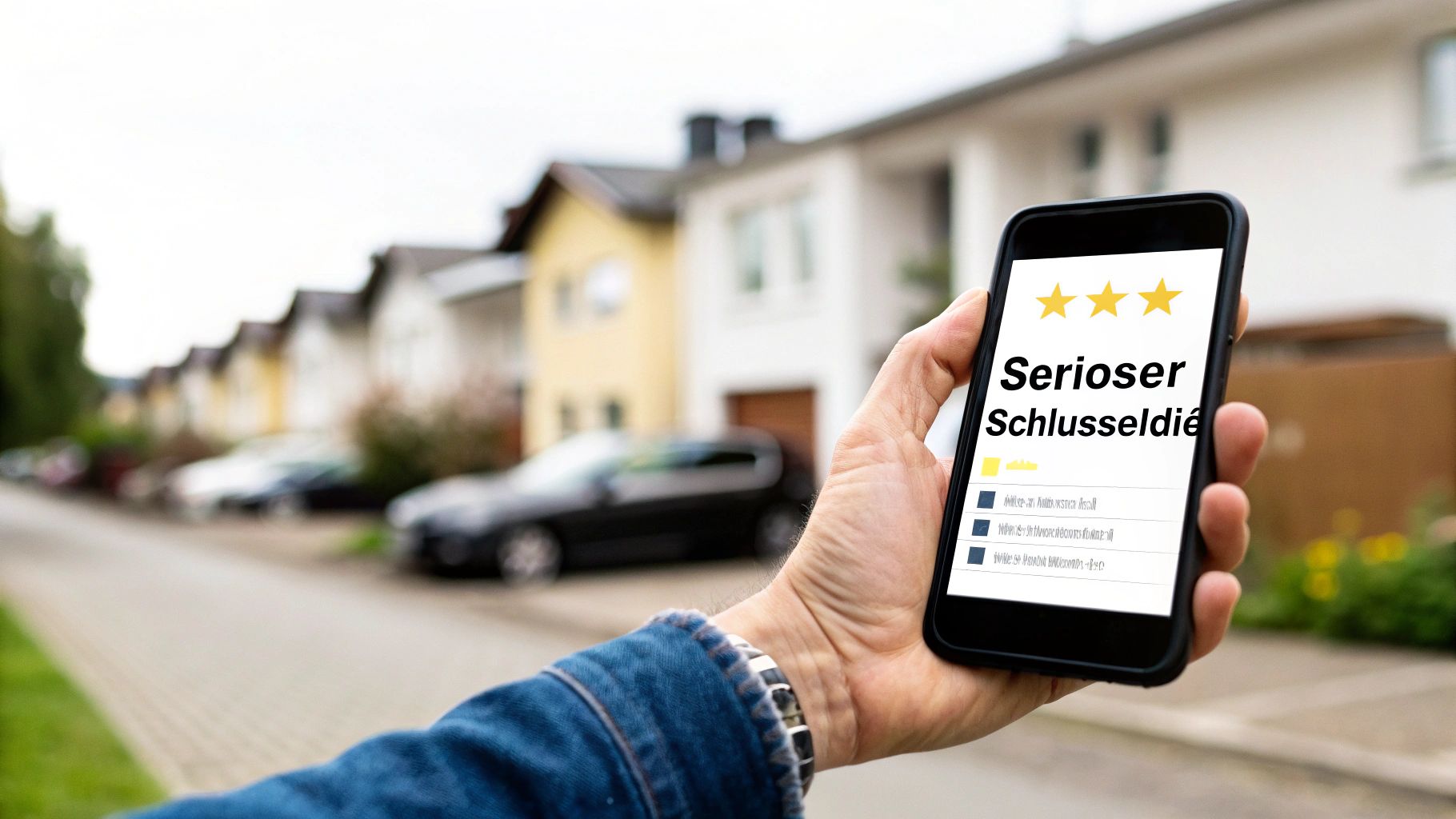 Eine Person hält ein Smartphone mit einer Drei-Sterne-Bewertung für einen seriösen Schlüsseldienst vor einer Reihe von Wohnhäusern.