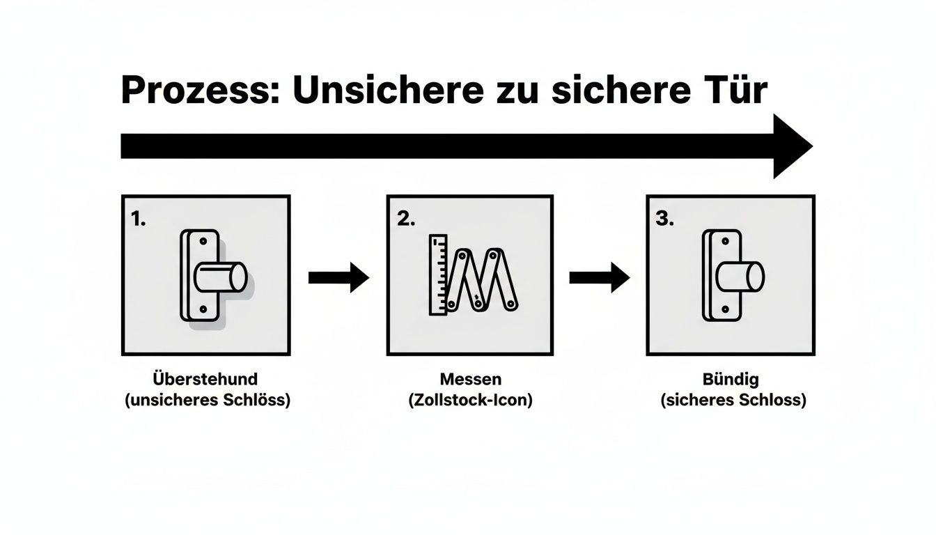 Prozess von unsicherem zu sicherem Türschloss: Überstand messen für bündigen Einbau.