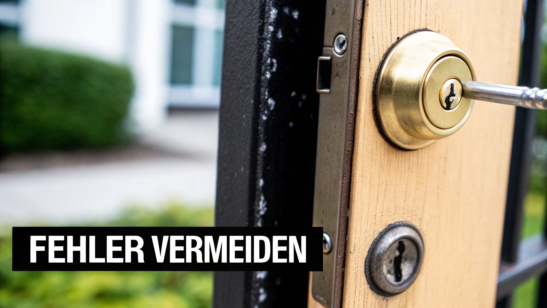 Nahaufnahme eines Türschlosses mit einem Schlüssel und einem weiteren Schließzylinder, vor unscharfem Hintergrund mit dem Text "FEHLER VERMEIDEN".