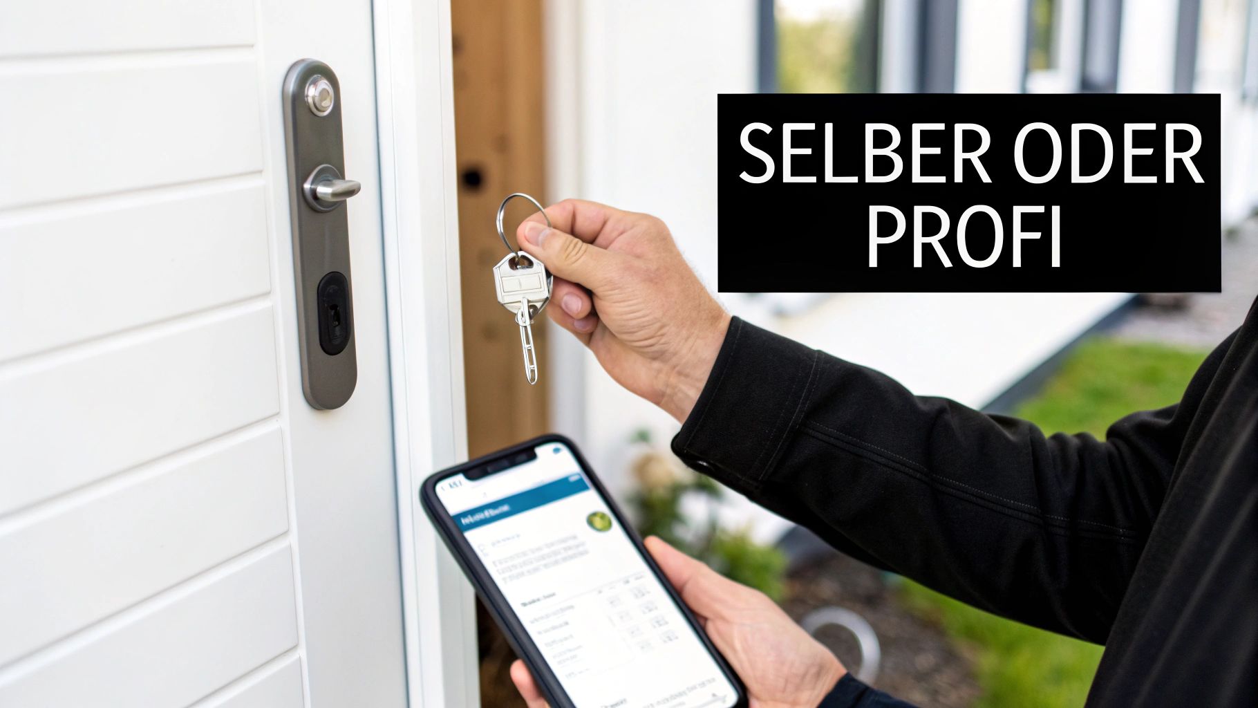 Nahaufnahme einer Person, die Schlüssel und Smartphone vor einer Haustür mit einem Schließzylinder hält. Text: Selber oder Profi.