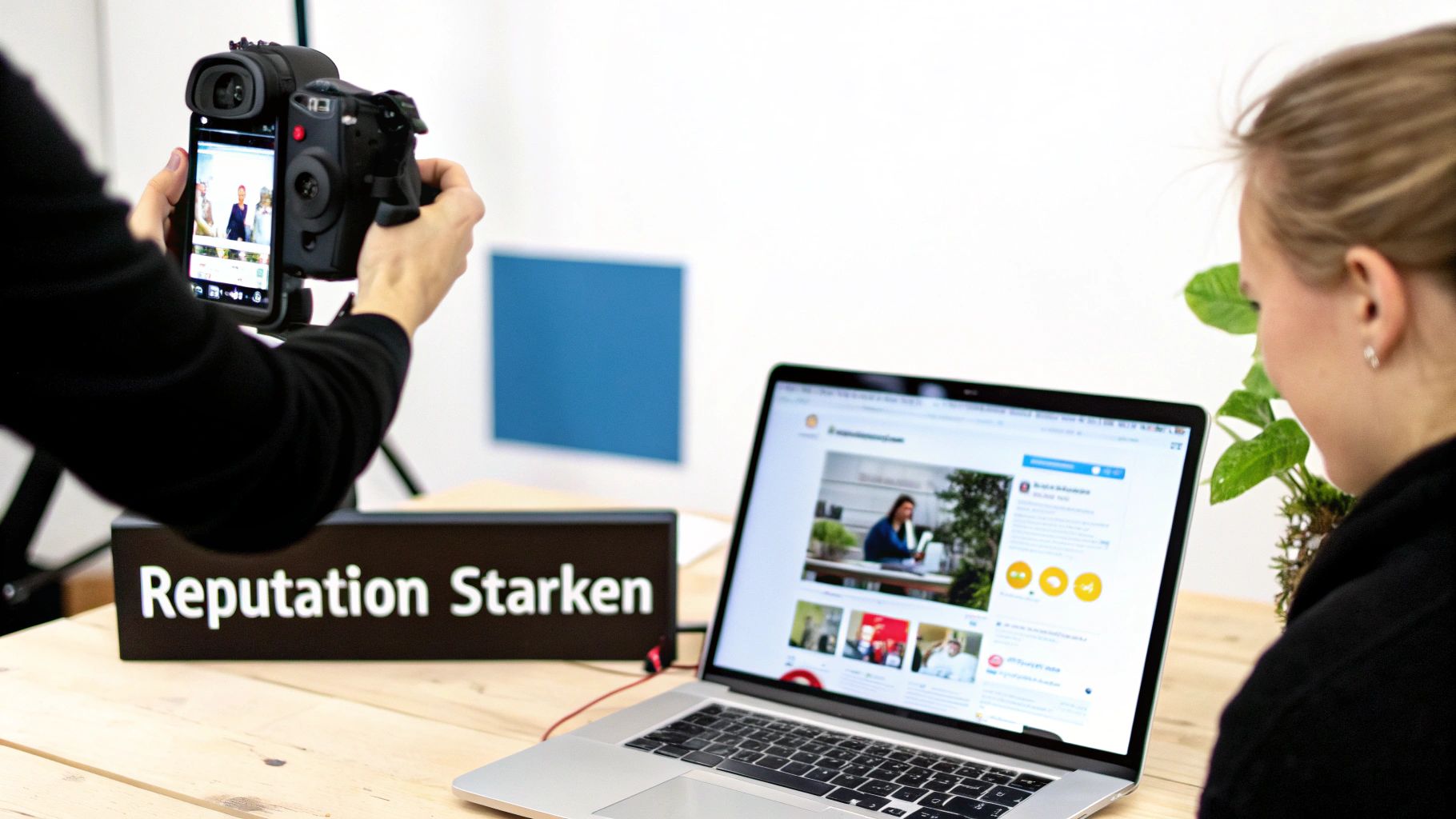 Person working on a laptop, surrounded by positive icons representing online reputation