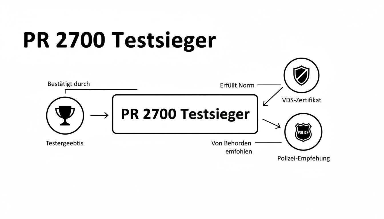 Flussdiagramm zeigt, wie der PR 2700 als Testsieger durch Testergebnisse, VDS-Zertifikat und Polizei-Empfehlung bestätigt wird.