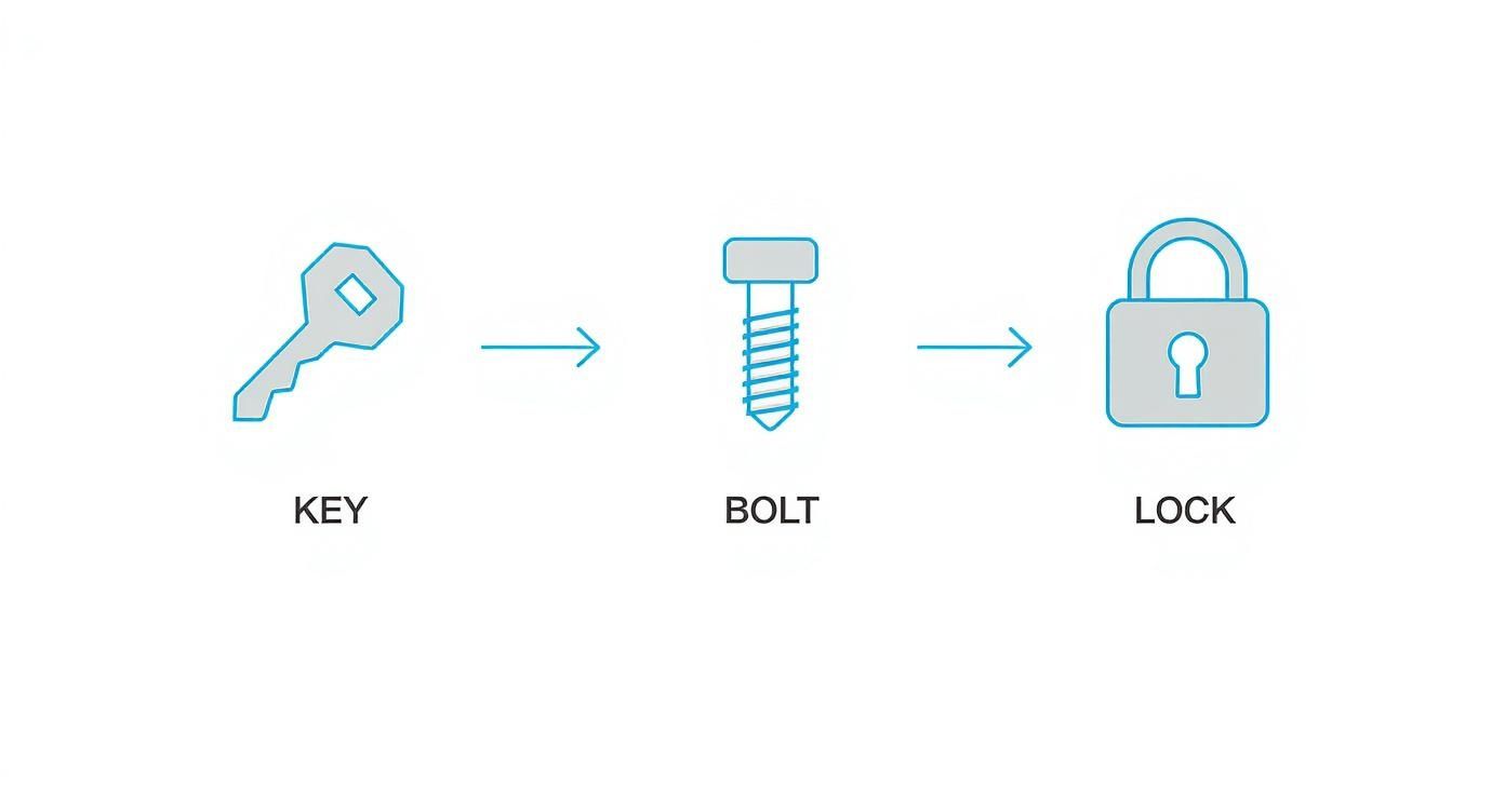 Bild zeigt eine Sequenz von Schlüssel, Bolzen und Schloss, verbunden durch Pfeile.