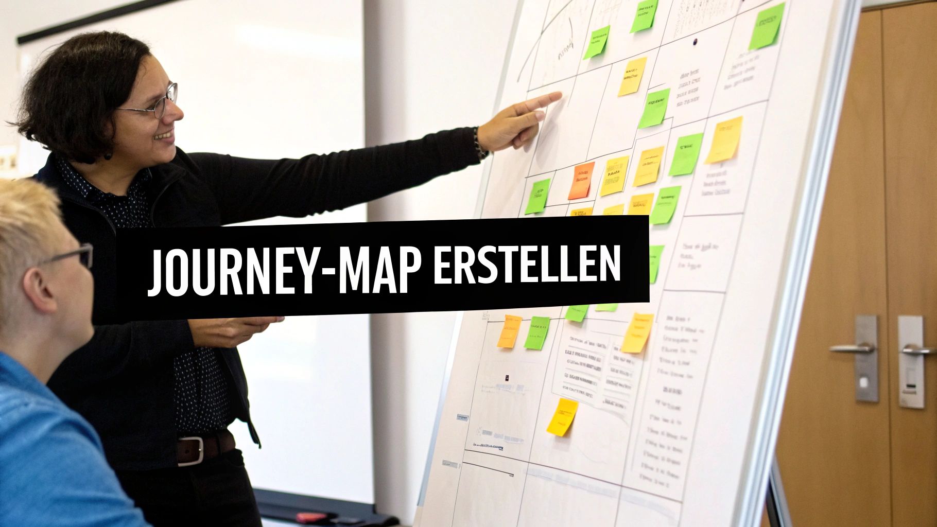 Eine Hand zeichnet eine Customer Journey Map auf ein Whiteboard, um die Kundenreise zu visualisieren