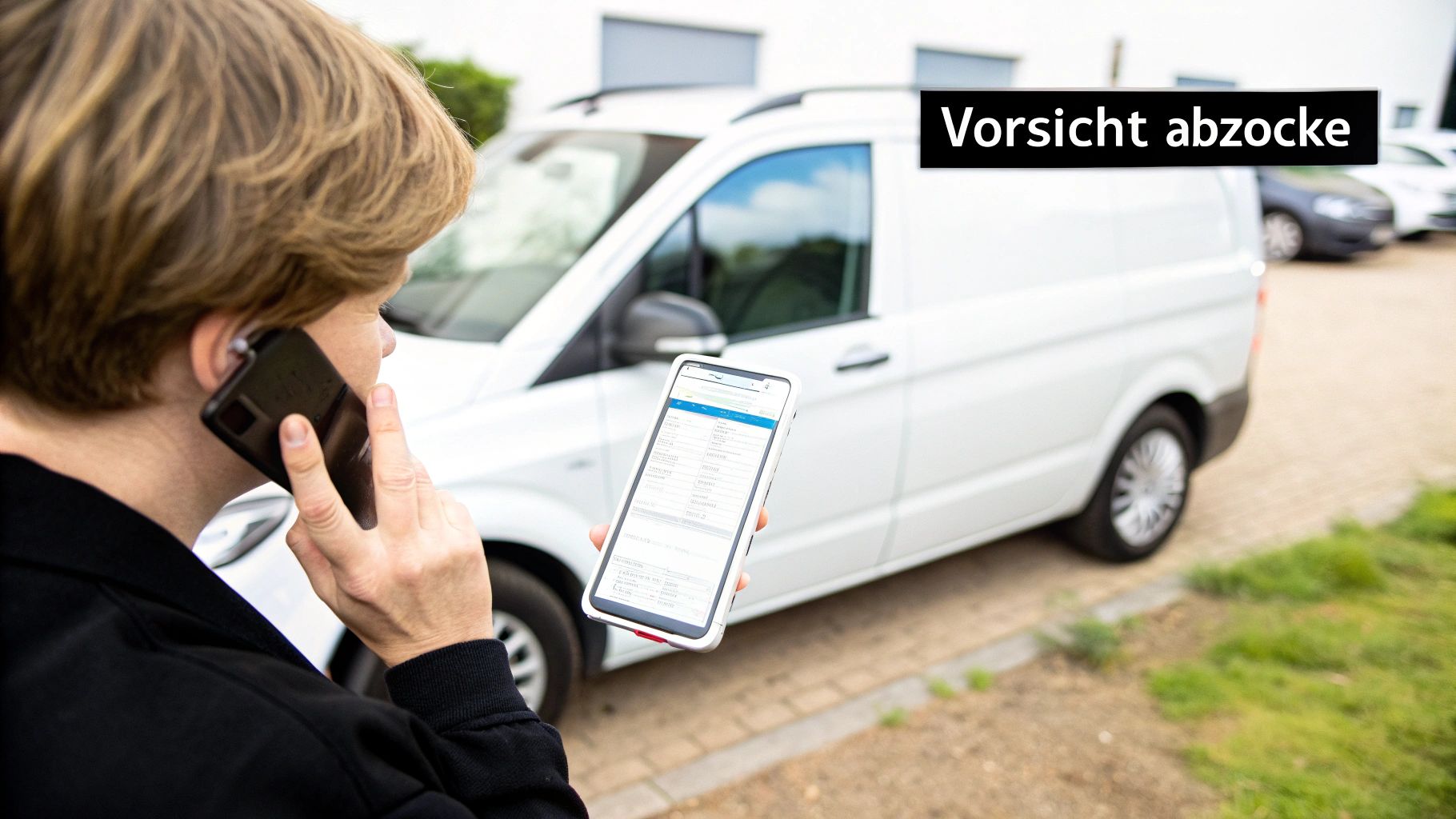 Person telefoniert, hält Smartphone mit Fahrzeuginformationen, Warnhinweis "Vorsicht Abzocke" über einem weißen Lieferwagen.