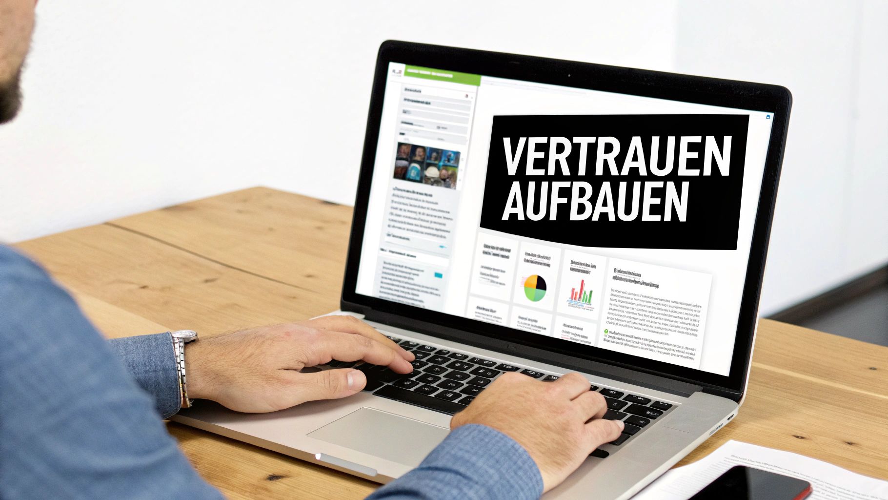 A man types on a laptop screen displaying the words 'BUILD TRUST'. Represents SEO and online trust building.